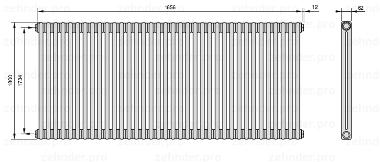 Схема (чертеж) Радиатор Zehnder Charleston 2180/36 №1270 Белый глянцевый RAL 9016